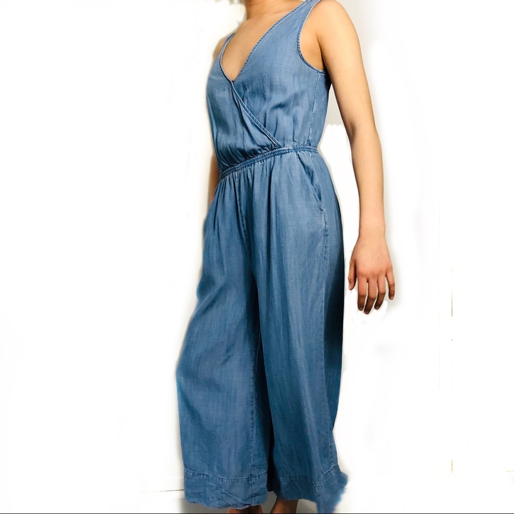 chambray cropped wide leg pocket denim jumpsuit